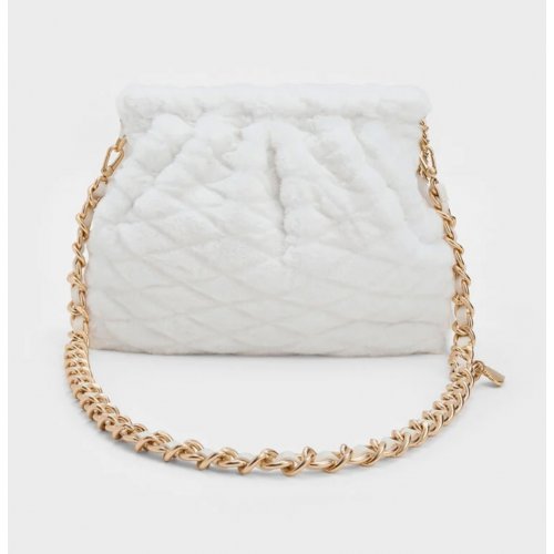  Duo Furry Chain-Handle Hobo Bag - White 