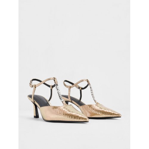  Metallic Snake-Effect T-Bar Chain-Link Pointed-Toe Pumps - Animal Print Gold 