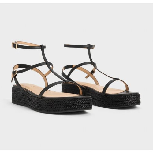 Leather T-Bar Espadrille Sandals - Black