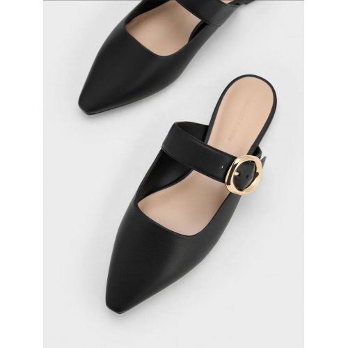 Buckle-Strap Flat Mules - Black 