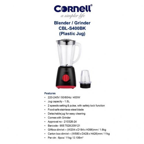 Cornell 1.5L 2 Speed Blender with Grinder 400W CBLS400BK