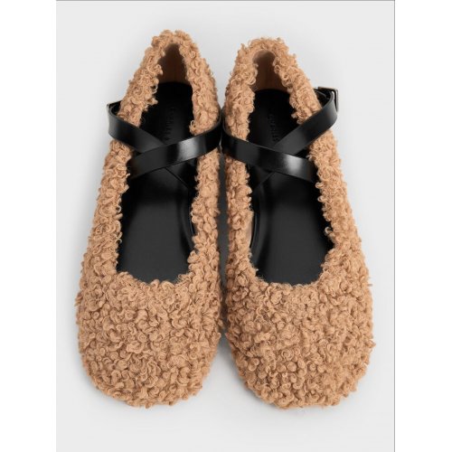  Margot Furry Crossover-Strap Ballet Flats - Camel 