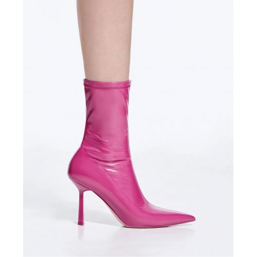 Patent Crinkle-Effect Pointed-Toe Stiletto Heel Ankle Boots - Fuchsia 