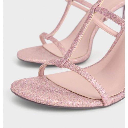  Glittered T-Bar Ankle-Strap Sandals - Pink 