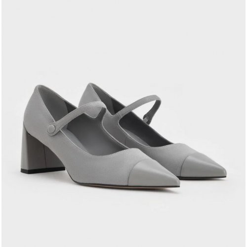  Faux Suede Cap-Toe Pointed Mary Jane Pumps - Grey 