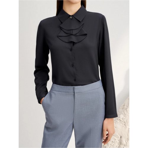 Crepe Shirt Collar Blouse with Detachable Scarf