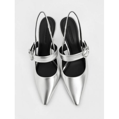  Metallic Crystal-Buckled Pumps - Silver 