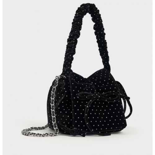 Velvet Dotted Bow Ruched Top Handle Bag - Black Textured