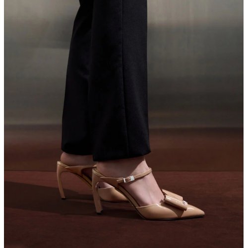 Lu Patent Leather Bow Blade-Heel Mules - Nude