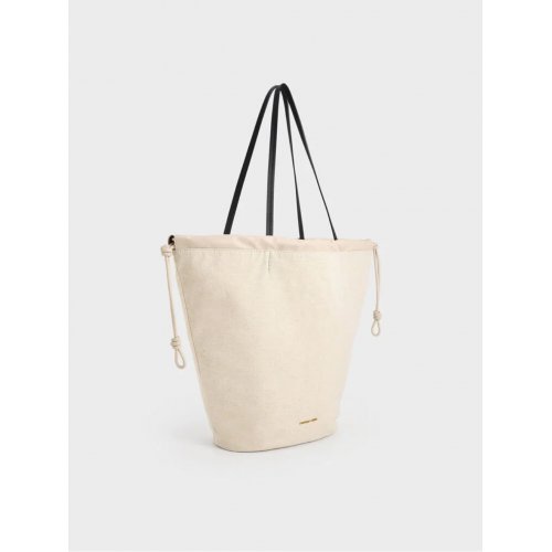  Sianna Linen Ruched Drawstring Tote Bag - Beige 