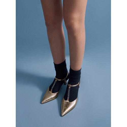  Metallic Snake-Effect T-Bar Chain-Link Pointed-Toe Pumps - Animal Print Gold 