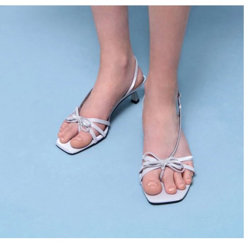 Bow Strappy Heeled Thong Sandals - Silver