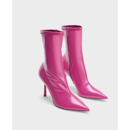  Patent Crinkle-Effect Pointed-Toe Stiletto Heel Ankle Boots - Fuchsia 