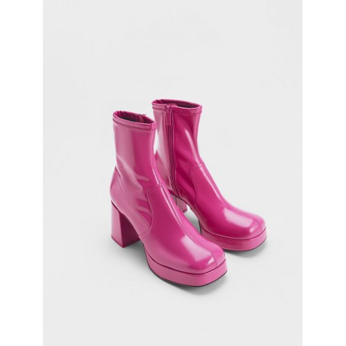  Patent Crinkle-Effect Block-Heel Boots - Fuchsia 