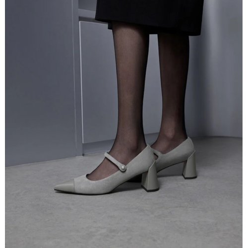  Faux Suede Cap-Toe Pointed Mary Jane Pumps - Grey 