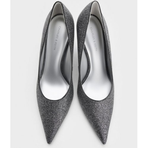 Glittered Cone-Heel Pointed-Toe Pumps - Black Textured