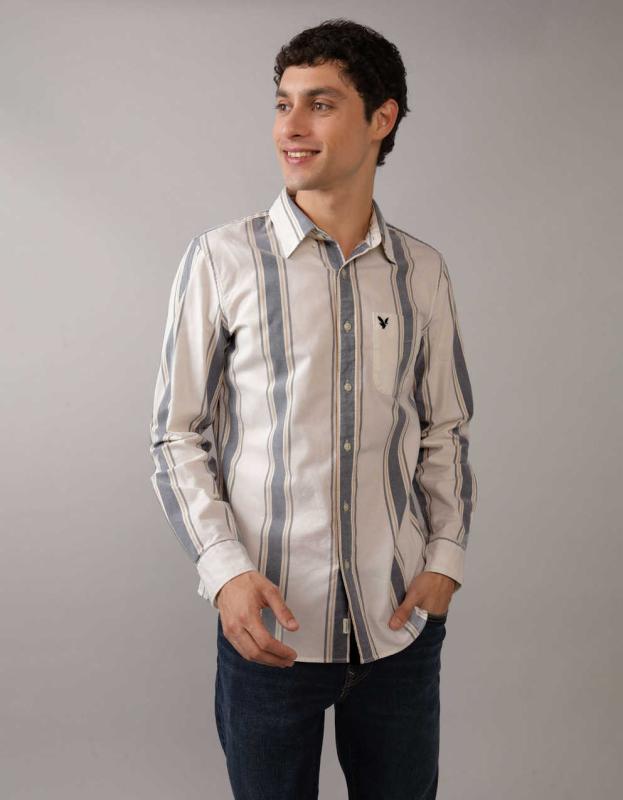 AE Striped Slim Fit Oxford Button-Up Shirt - Soft Oat, XXL 