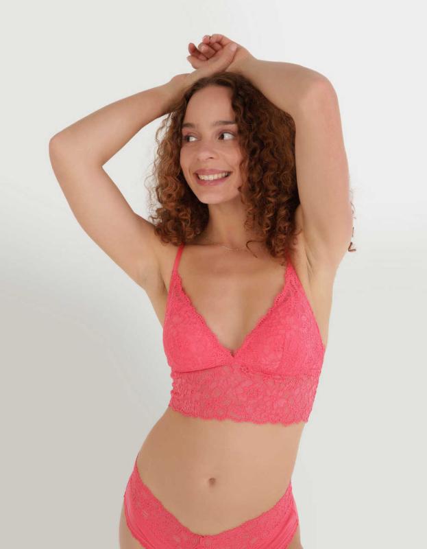 Show Off Eyelash Lace Padded Push Up Triangle Bralette - Tropical Coral, L 