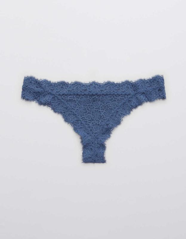 Aerie Eyelash Lace Thong Underwear - Marbled Blue, S 