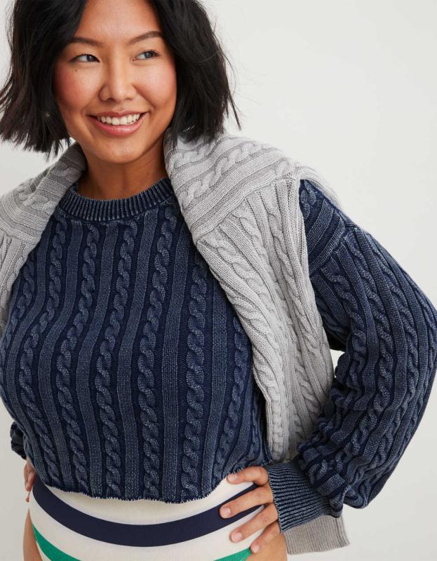 Aerie Mini Cable Cropped Sweater - Navy, S 