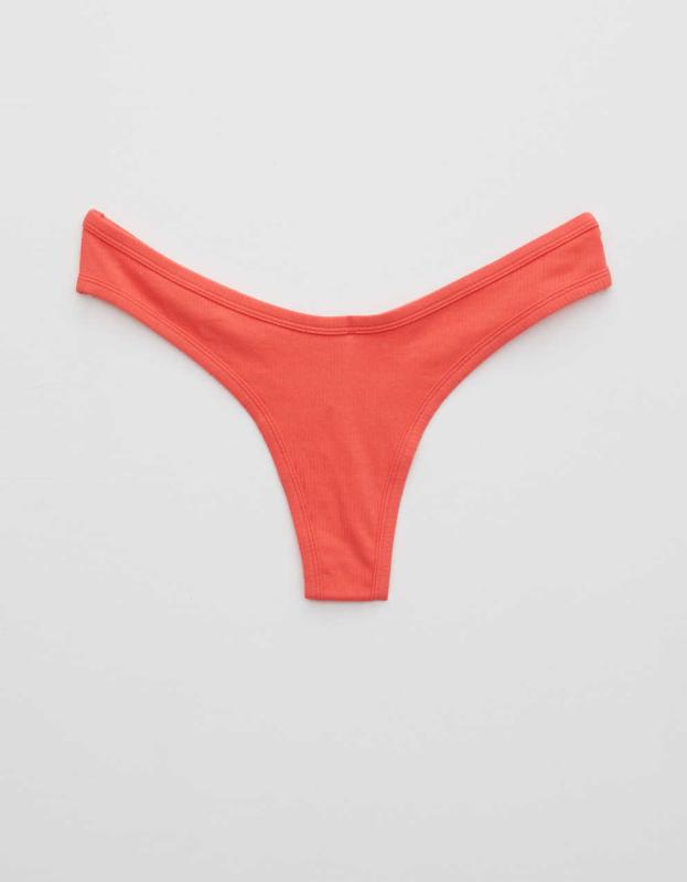 Aerie Ribbed Cotton High Cut Thong Underwear - Calypso Red, XS 