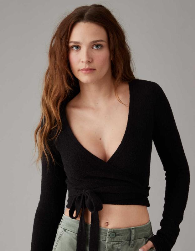 AE Cropped Ballet Wrap Cardigan - Black, XL 
