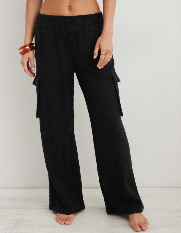 Aerie High Waisted Pool-To-Party Cargo Pant - True Black, M 