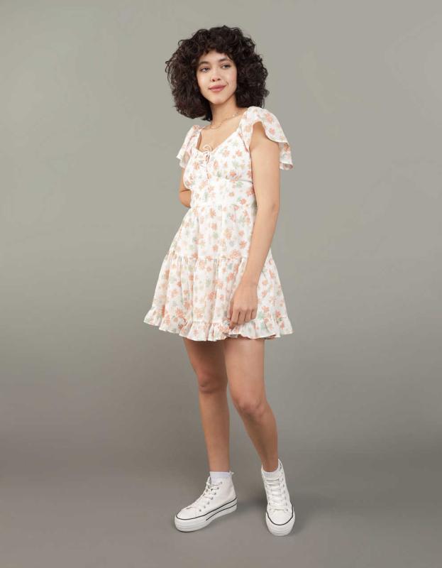 AE Flutter Sleeve Floral Babydoll Mini Dress - Cream, XXS 