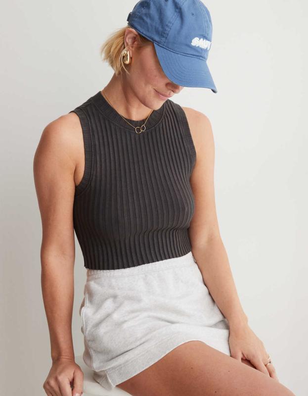 Aerie High Neck Ribbed Tank Top - Smoked Gray, S 