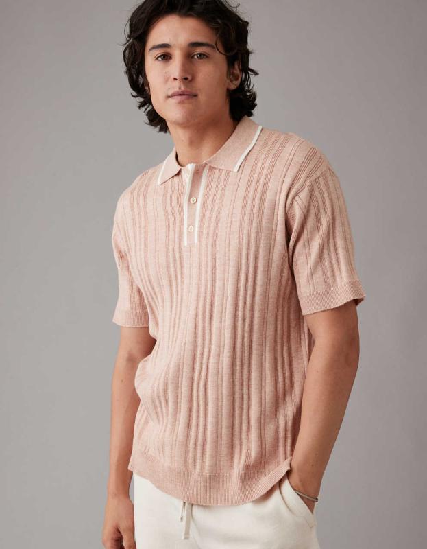 AE Weekend Tipped Sweater Polo Shirt - Ballet Pink, XL 