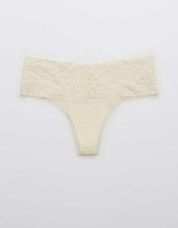 Aerie Cotton Wide Lace Thong Underwear - Vintage Vanilla, L 