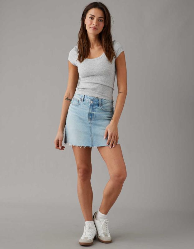 AE Stretch Crossover High-Waisted Perfect Denim Mini Skirt - Light Wash, 4 