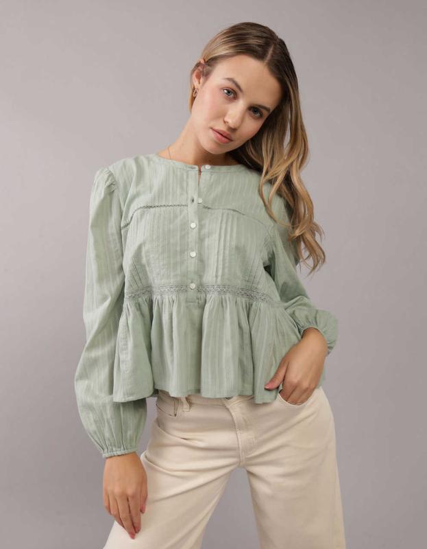 AE Long-Sleeve Babydoll Blouse - Olive, XS 