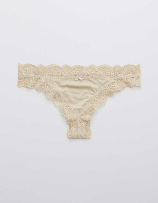 Aerie Slumber Party Lace Shine Thong Underwear - Soft Oat, M 