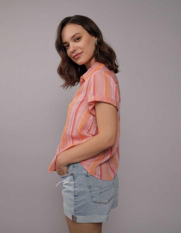 AE Short Sleeve Button Up Shirt - Orange, XXS 