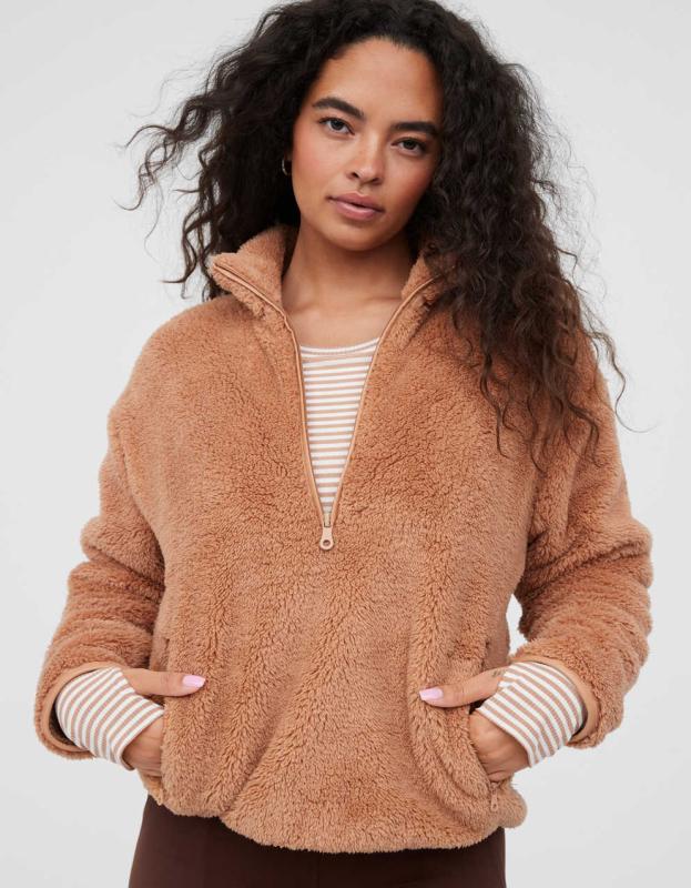 OFFLINE By Aerie Fluffy Sherpa Quarter Zip Sweatshirt - Toasty, XXS 