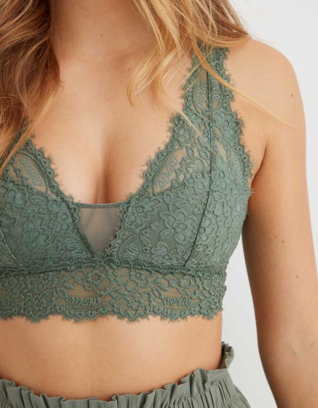 Aerie Eyelash Lace Padded Plunge Bralette - Palm, XS 