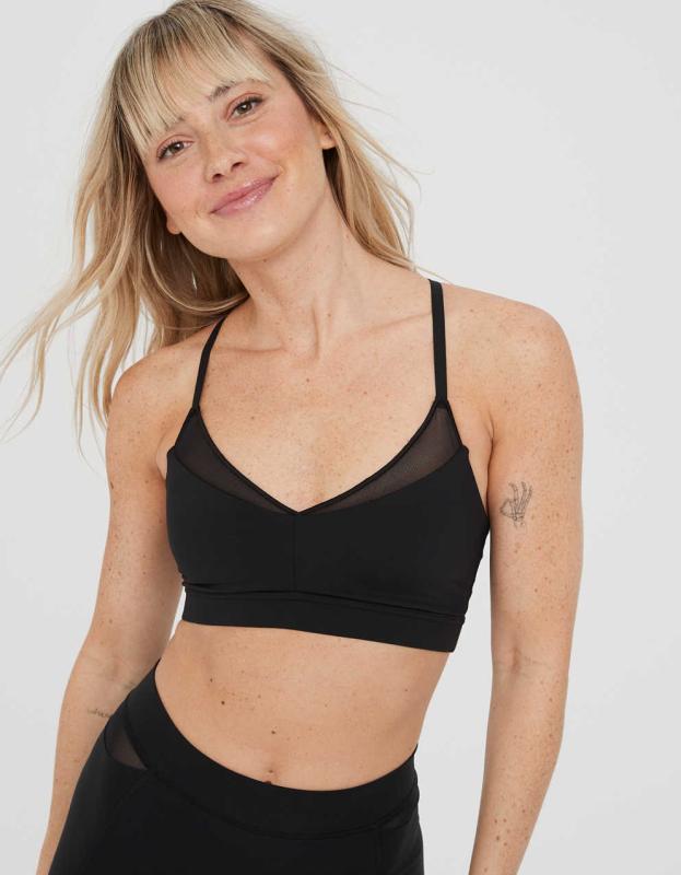 OFFLINE By Aerie Goals Mesh V-Neck Sports Bra - True Black, XS 