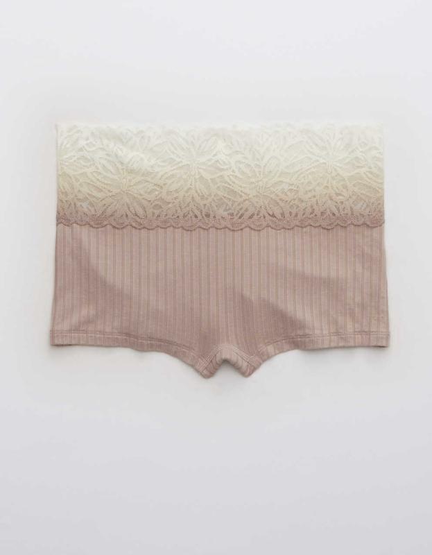Aerie Ribbed Ombre Firework Lace Boyshort Underwear - Cocoa Cream, L 