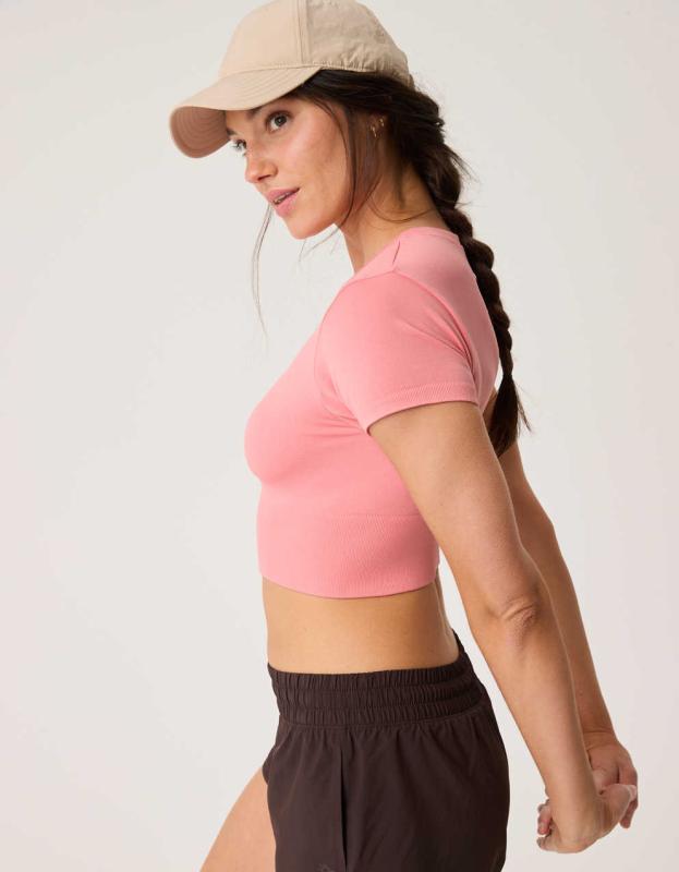 OFFLINE By Aerie Sidewalk Seamless Cropped T-Shirt - Strawberry Mist, S 