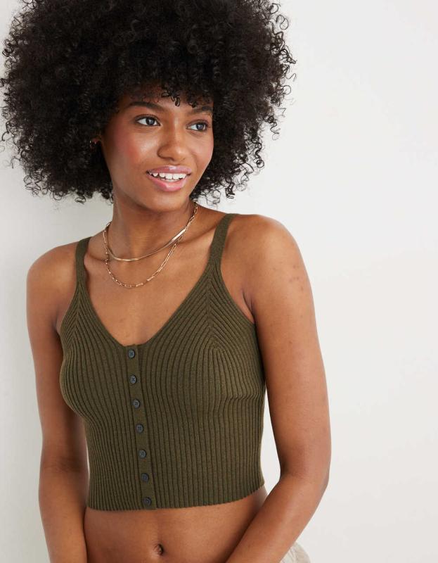 Aerie Button Front Sweater Tank Top - Festive Olive, XXS 