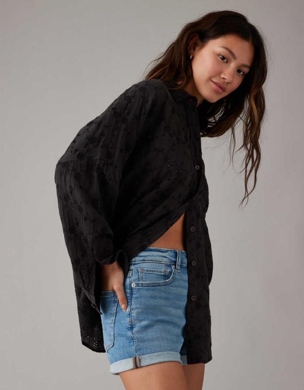 AE Eyelet Embroidered Go Big Shirt - Black, XXS 