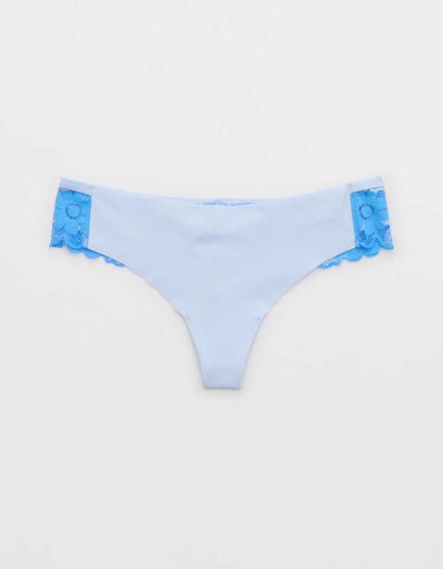 SMOOTHEZ No Show Lace Thong Underwear - Eyelet Blue, XL 
