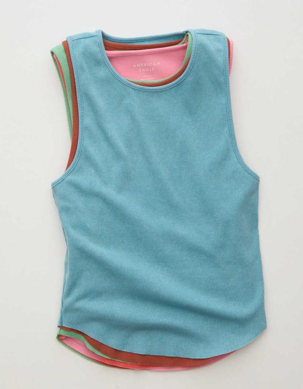 AE High Neck Daily Fave Tank Top - Washed Blue, XXS 