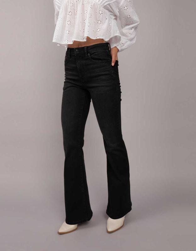 AE Next Level Super High-Waisted Flare Jean - Black Wash, 0 