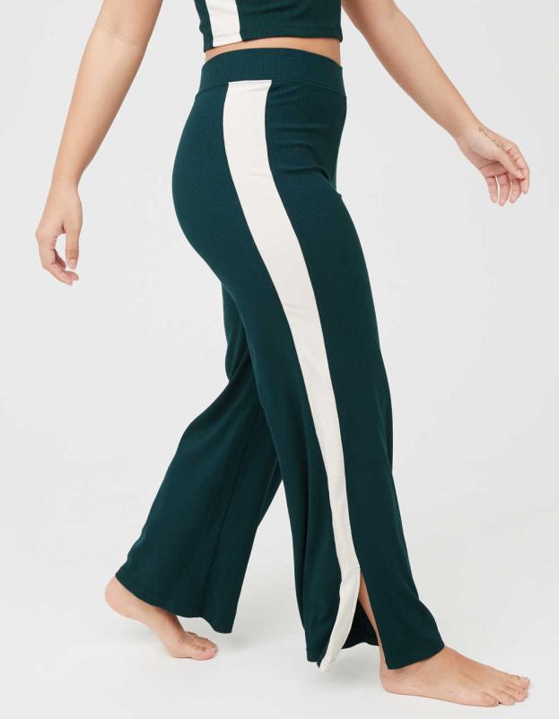 OFFLINE By Aerie Thumbs Up Heavyweight Ribbed Wide Leg Pant - Deep Forest Green, XL 
