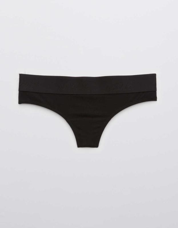 Aerie Cotton Logo Thong Underwear - True Black, S 