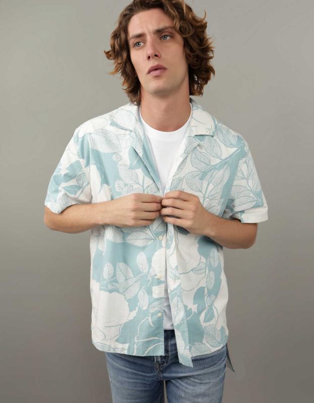 AE Floral Button-Up Poolside Shirt - Bright Teal, L 