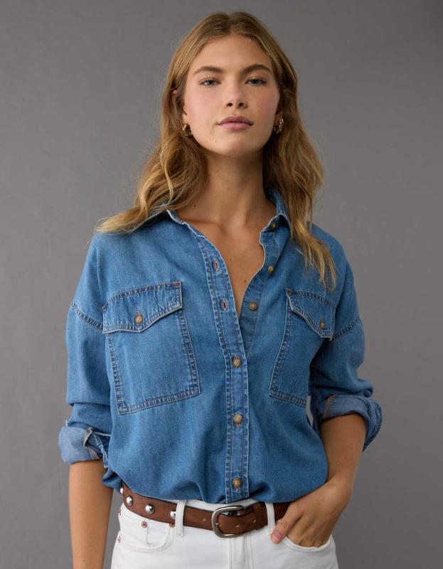 AE Dreamy Drape Denim Perfect Button-Up Shirt - Medium Wash, XXS 