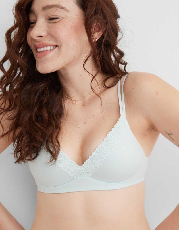 Aerie Real Sunnie Wireless Push Up Blossom Lace Bra - Misty Sky, 70D 